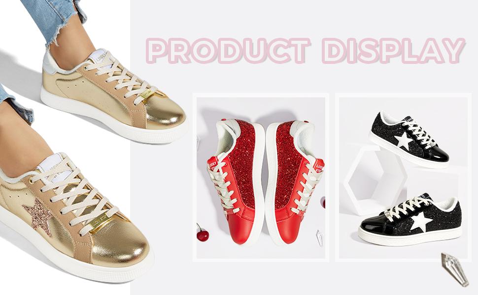 LUCKY STEP Women's Fashion Star Sneaker Lace Up Low Top Comfortable Cushioned Walking Shoes with Glitter Star Pattern & Non-Slip TPR Outsole