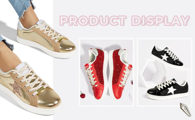 LUCKY STEP Women's Fashion Star Sneaker Lace Up Low Top Comfortable Cushioned Walking Shoes with Glitter Star Pattern & Non-Slip TPR Outsole