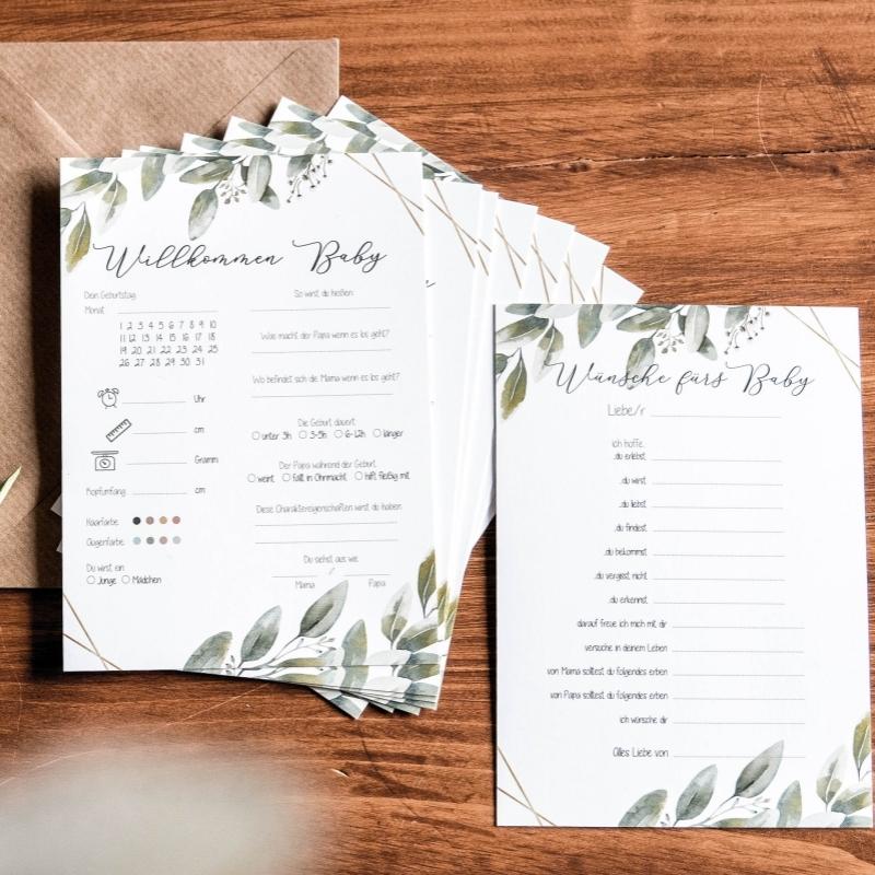 10 German Newborn Welcome Cards, Watercolor Leaf Baby Party Greeting Cards, Baby Birth Info Guessing Game, Interactive Paper