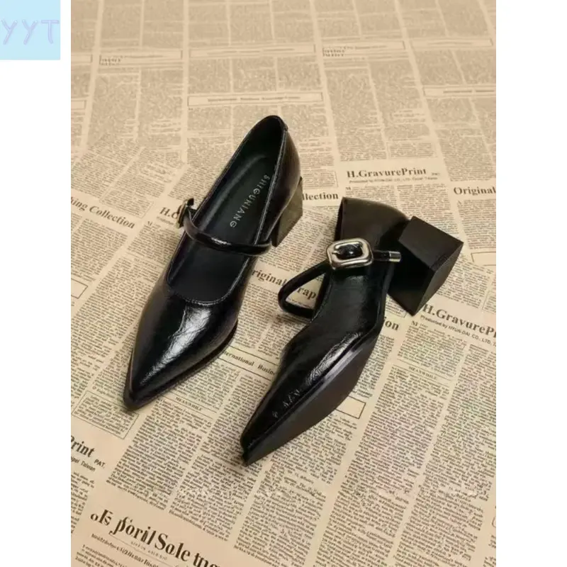YYT1 New Pointed Toe Mary Shoes Women, Stylish Chunky Heel Low Cut Single Shoe, Vintage Heels, Elegant Heeled Shoes, Solid Color Pumps, Classy Elegant All Seasons Footwear, Elegant Party Footwear, Rubber