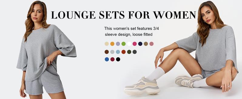 Imily Bela Womens 2 Piece Outfits 3/4 Sleeve Tops and Elastic Waist Shorts Lounge Sets Loungewea Womenswear Loungewear