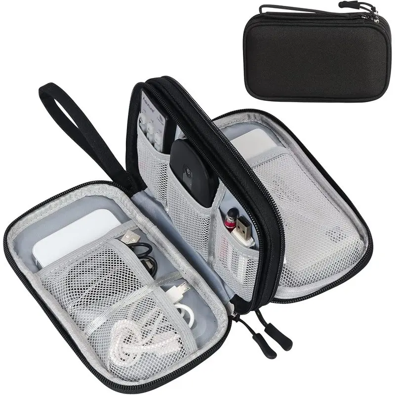 Travel Cable Organizer Bag, 7.5 x 4.3 x 2.2 Inch Waterproof Double-Layer Tech Pouch with 8 Compartments & Wrist Strap for Chargers, Cords, USB & Phone,Commercial