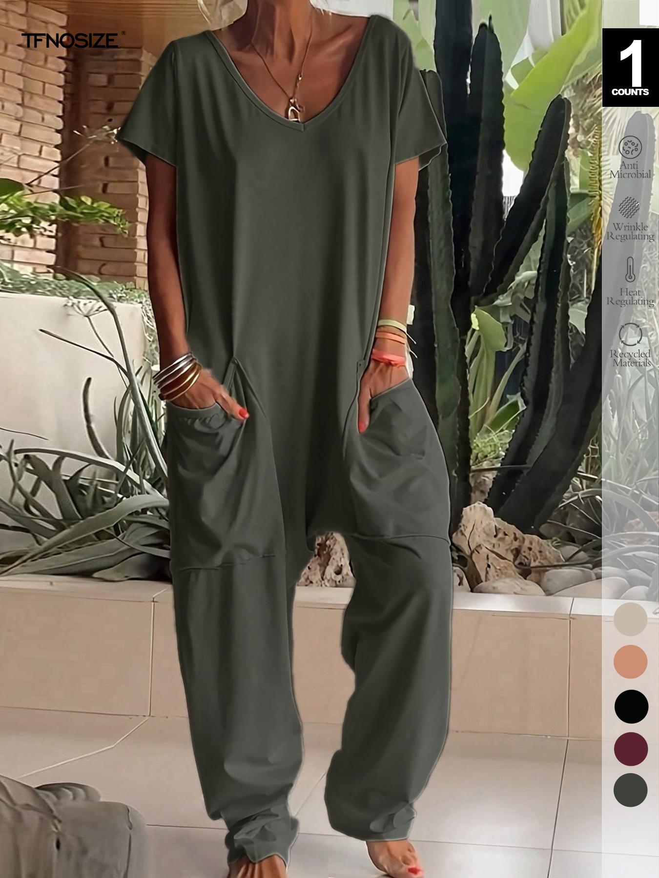 1/2/3 pcs Oversized Women's Harem Jumpsuit, Bohemian Style One-Piece Romper with Side Pockets, Casual Fashion for All-season 2026