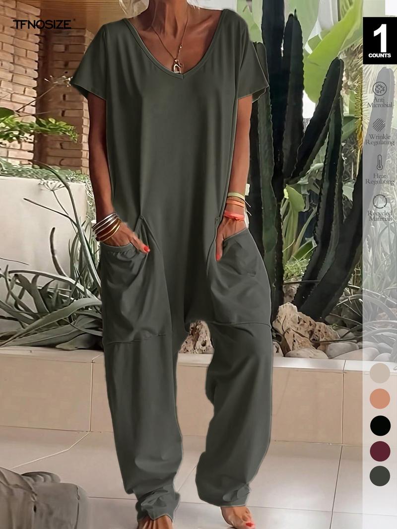 1/2/3 pcs Oversized Women's Harem Jumpsuit, Bohemian Style One-Piece with Side Pockets, Casual Fashion for All-season 2026