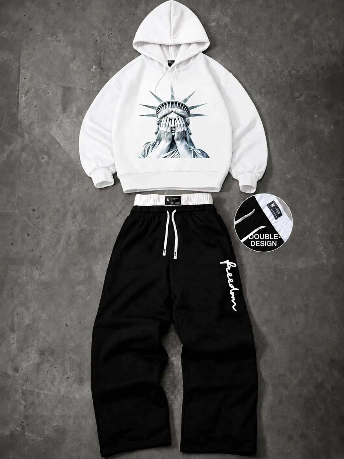 Unisex Streetwear Two-Piece Set, Statue of Liberty Graphic Sweatshirt & Letter Print Pants, Loose Fit, Fall Winter Fashion
