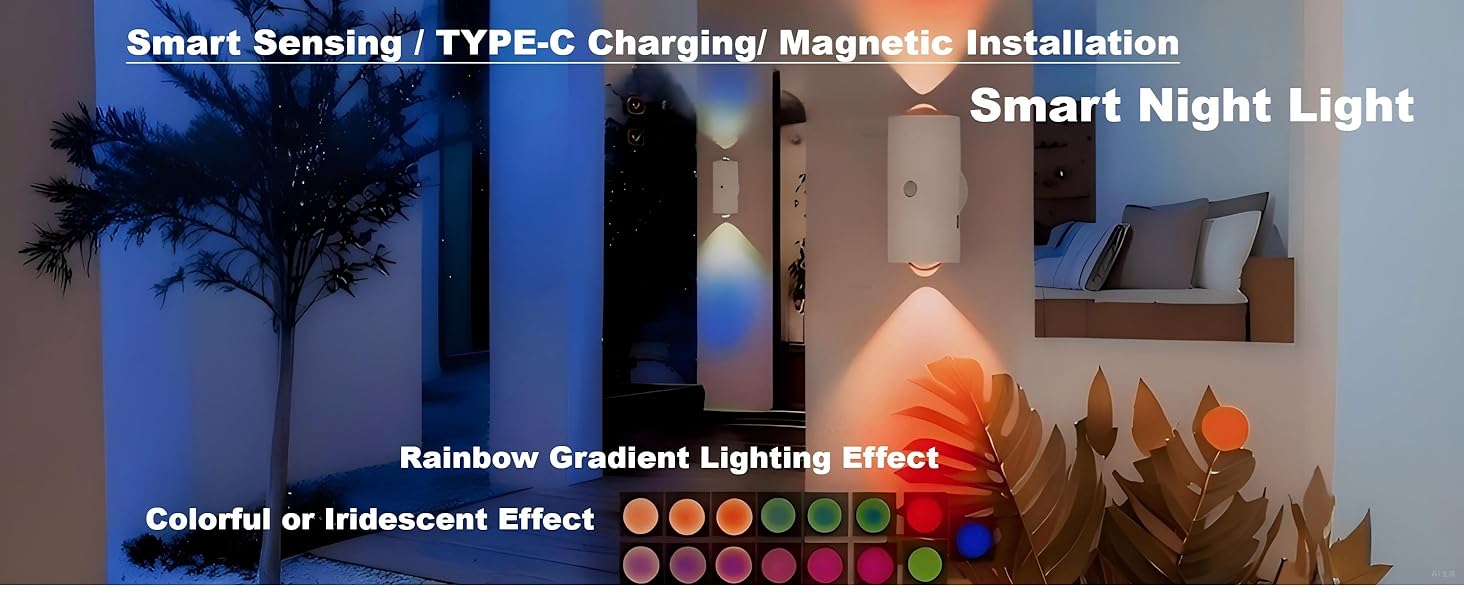 Smart LED Night Light with Motion Sensor, RGB Gradient Dimmable Wall Lamp, USB Rechargeable Indoor Ambient Lighting, Magnetic Step Lamp for Entryway, Bedside, Desk, Operated for Bedroom, Bathroom, Stairs & More,Convenient Plug-Free Charging