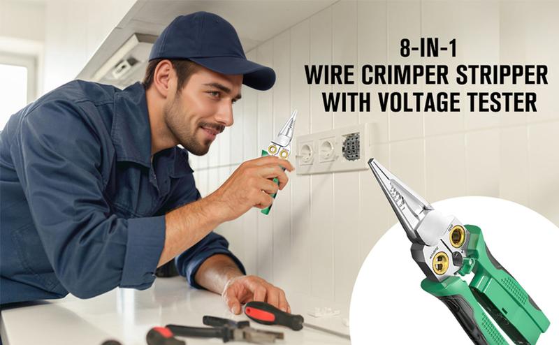 8 in 1 Wire Stripper Twister for Cutting and Pulling Wires, Cable Scissors,Voltage Tester Pliers, 12V to 250V Live,Null,Hot Wire Judgment AC DC, Audible and Flashing LED Alarms