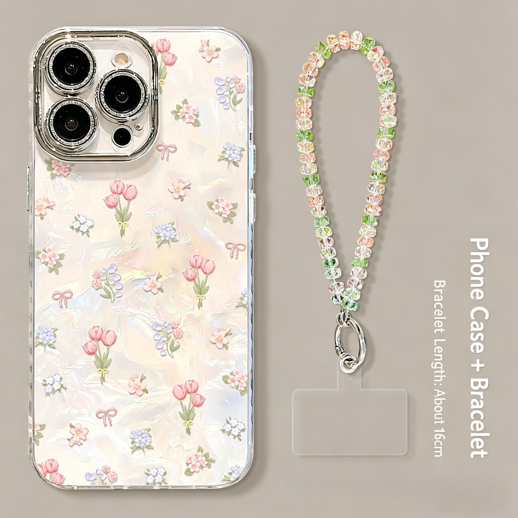 Cute Floral Phone Case with Wrist Strap for iPhone 17 /Pro Max, Acrylic Aesthetic Shockproof Cover with Bling Camera Lens Protector, Clear Glitter Flower Case for Women Girls