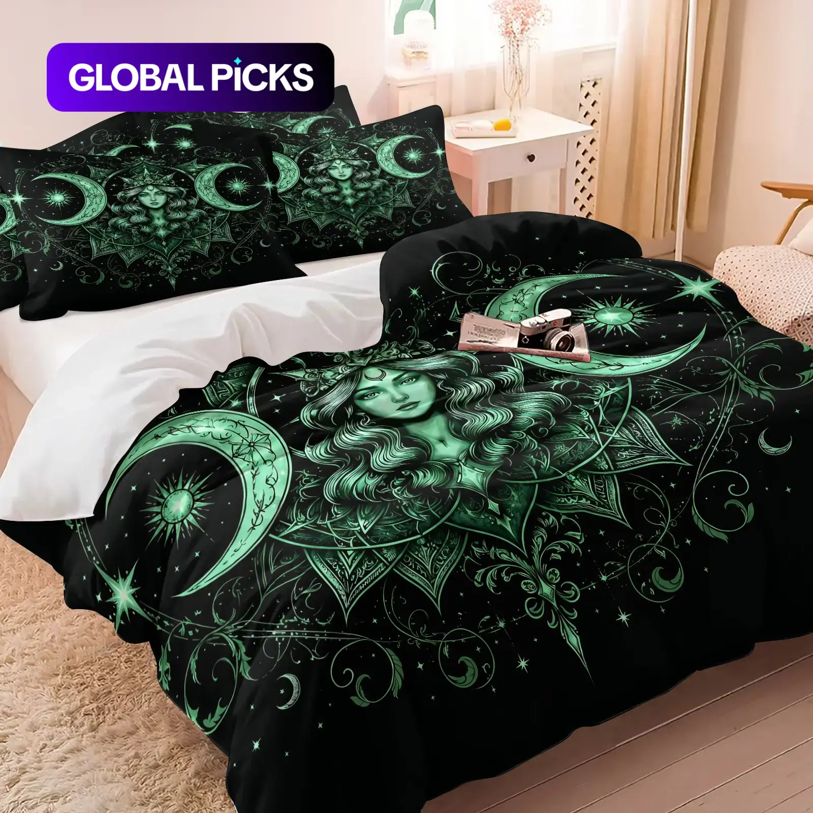 Black Green Triple Moon Goddess Print Duvet Cover Set (1 Duvet Cover + 1/2 Pillowcases), Ultra-Fine Fiber Soft Breathable Bed Linens, Witchy Gothic Bedroom Decor, Cool Bedding Set, HD Digital All Seasons Bedding, Decorative Bedding Set