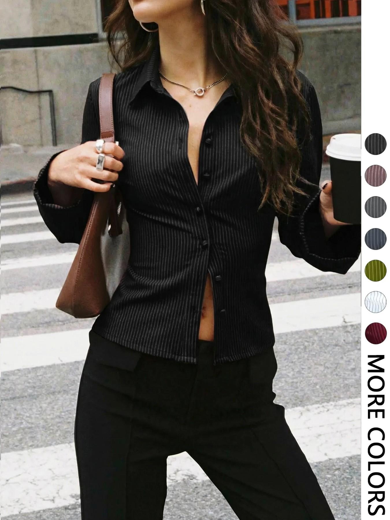 Women's All-Over Striped Print Button Front Blouse, Casual Long Sleeve Top for Spring & Fall, Ladies Clothes for Daily Wear, Casual Fashion Shirt