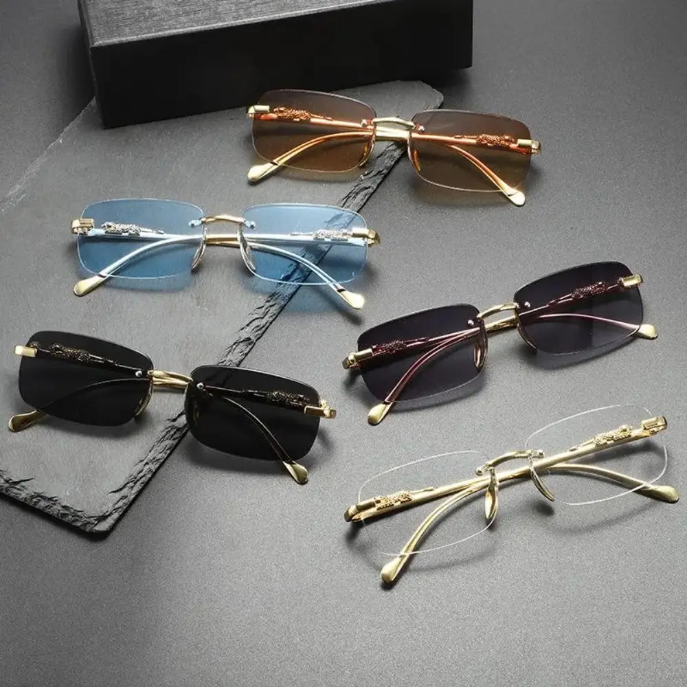 Unisex Square Rimless Sunglasses, Retro‑Style Rectangular Frameless Shades With Decorative Metal Temples, Distinctive Fashion Accessory For Street‑Style Outfits And Everyday Casual Wearing Occasions