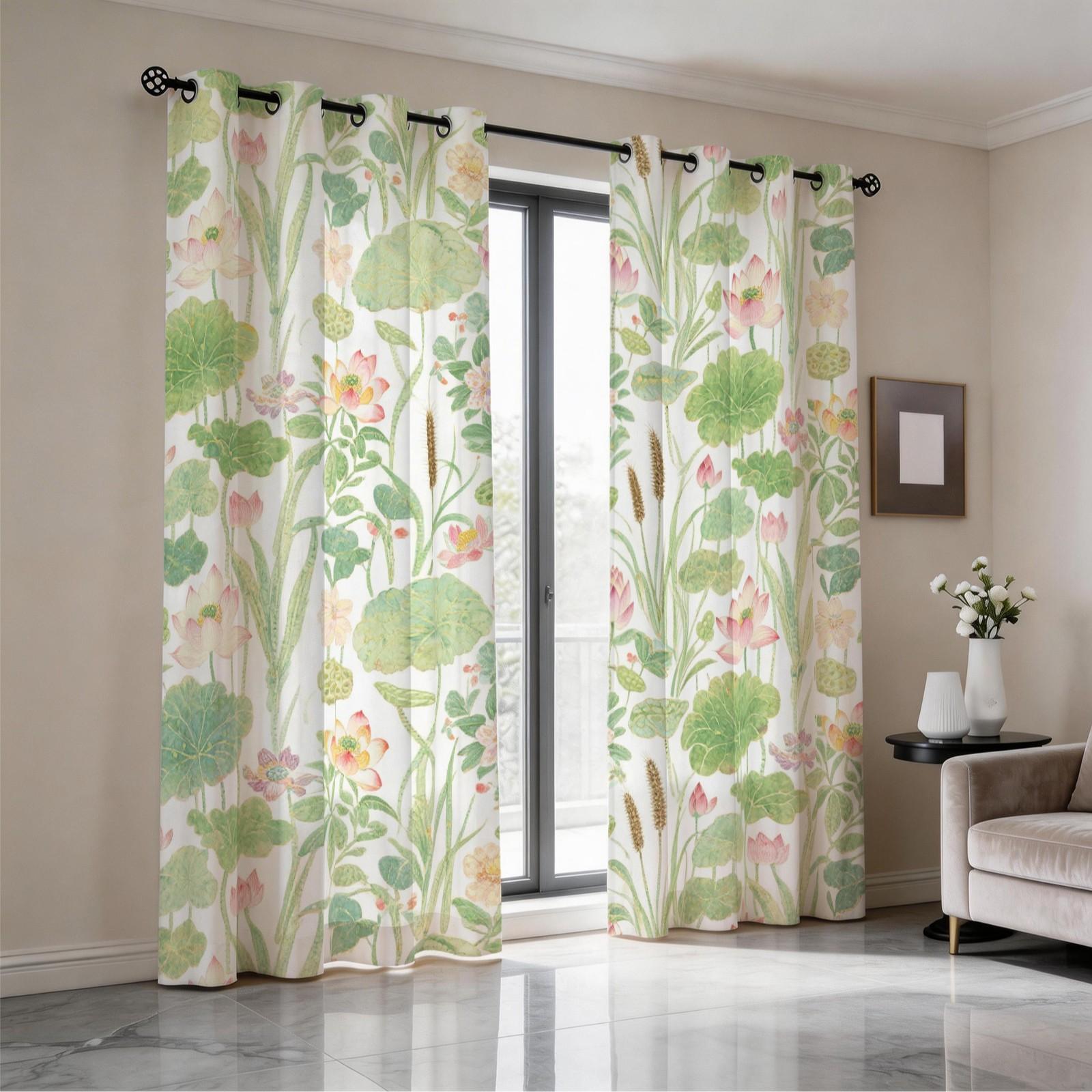 Watercolor Lotus Pond Curtains 2 Panels, HD Digital Printed Curtains, 80%-90% Light Blocking Darkening Curtains, Easy to Install Decorative Curtains for Living Room Bedroom Home Decor