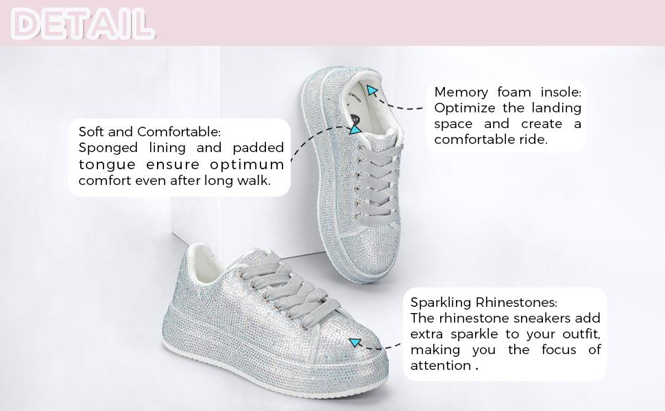 LUCKY STEP Rhinestone Sneakers for Women Platform Sparkly Glitter Bling Tennis Shoes Fashion Bedazzled Wedding Bridal Party Walking Sneakers