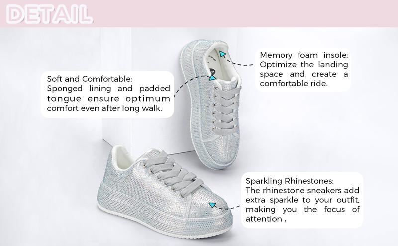 LUCKY STEP Rhinestone Sneakers for Women Platform Sparkly Glitter Bling Tennis Shoes Fashion Bedazzled Wedding Bridal Party Walking Sneakers