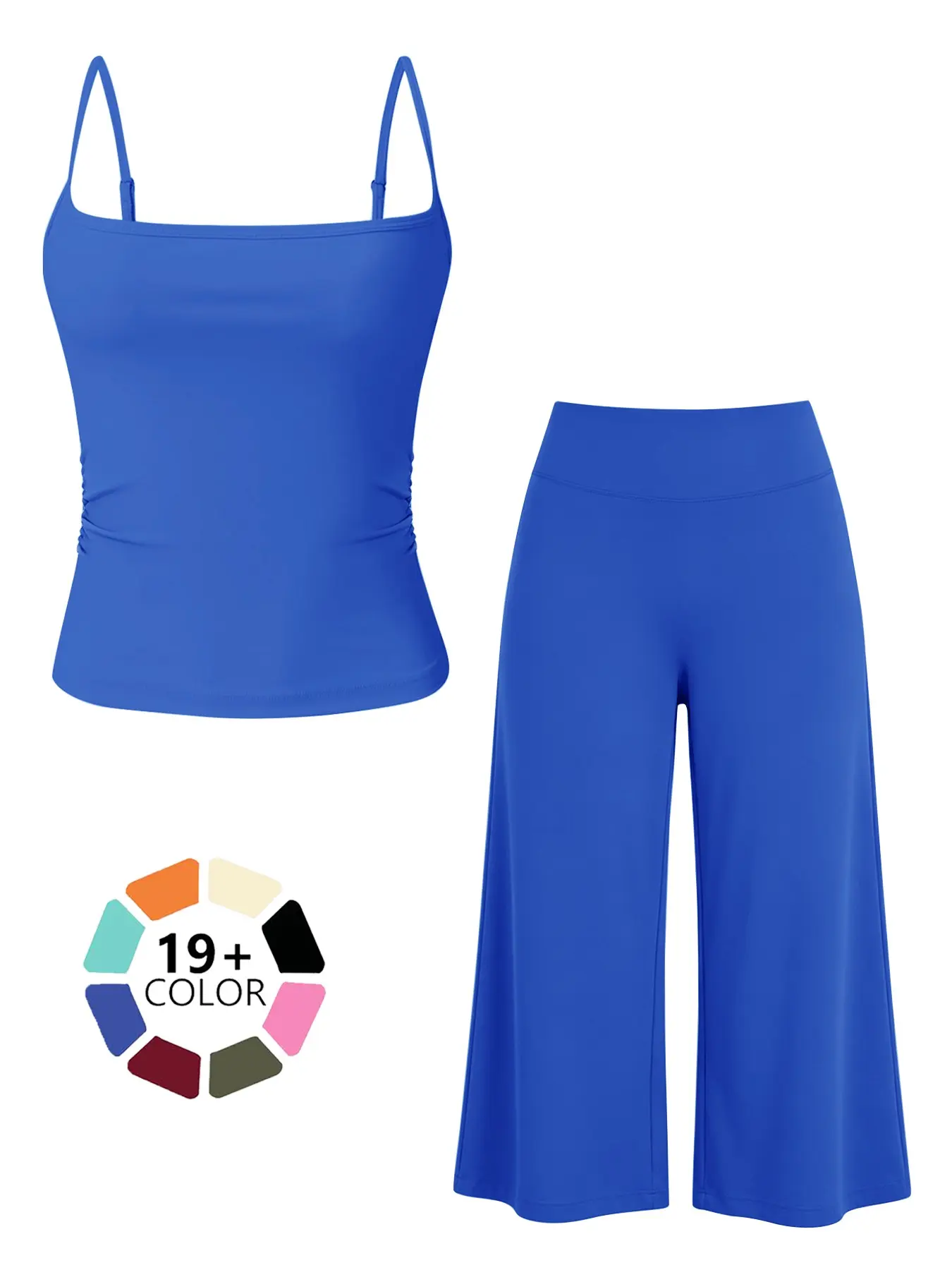 Women's Athleisure 2-Piece Outfit, Sporty Thin Spaghetti Strap Square Neck Back-Cut Tank Top + Loose Straight-Leg Capri Cropped Pants. Adjustable Straps, Draping Lightweight Quick-Dry Fabric, Perfect for Summer Outdoor Workouts, Daily Strolls & Dance