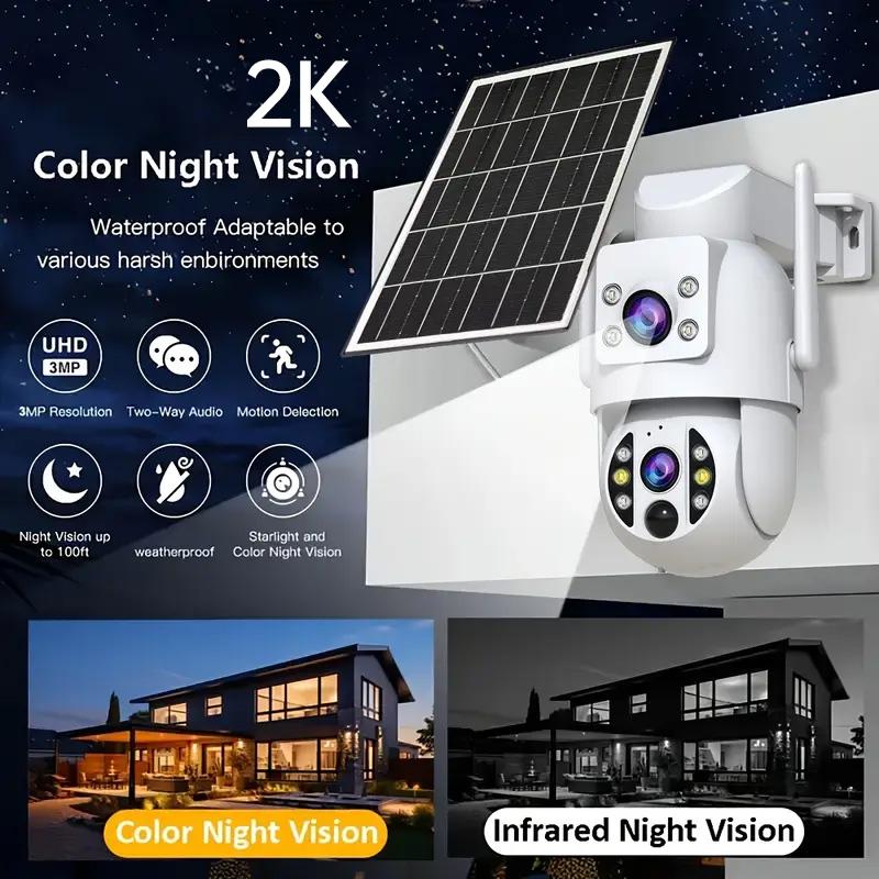 【JOOAN 2K 3MP WiFi Wireless Solar Dual Lens Outdoor 360° PTZ Dual Screen Security Camera】Outdoor/Indoor IP66 Waterproof, Color Night Vision, PIR Human Detection, Two-Way Talk, Auto Tracking, Siren Alarm, SD/Cloud Storage (Optional), Alexa Compatible