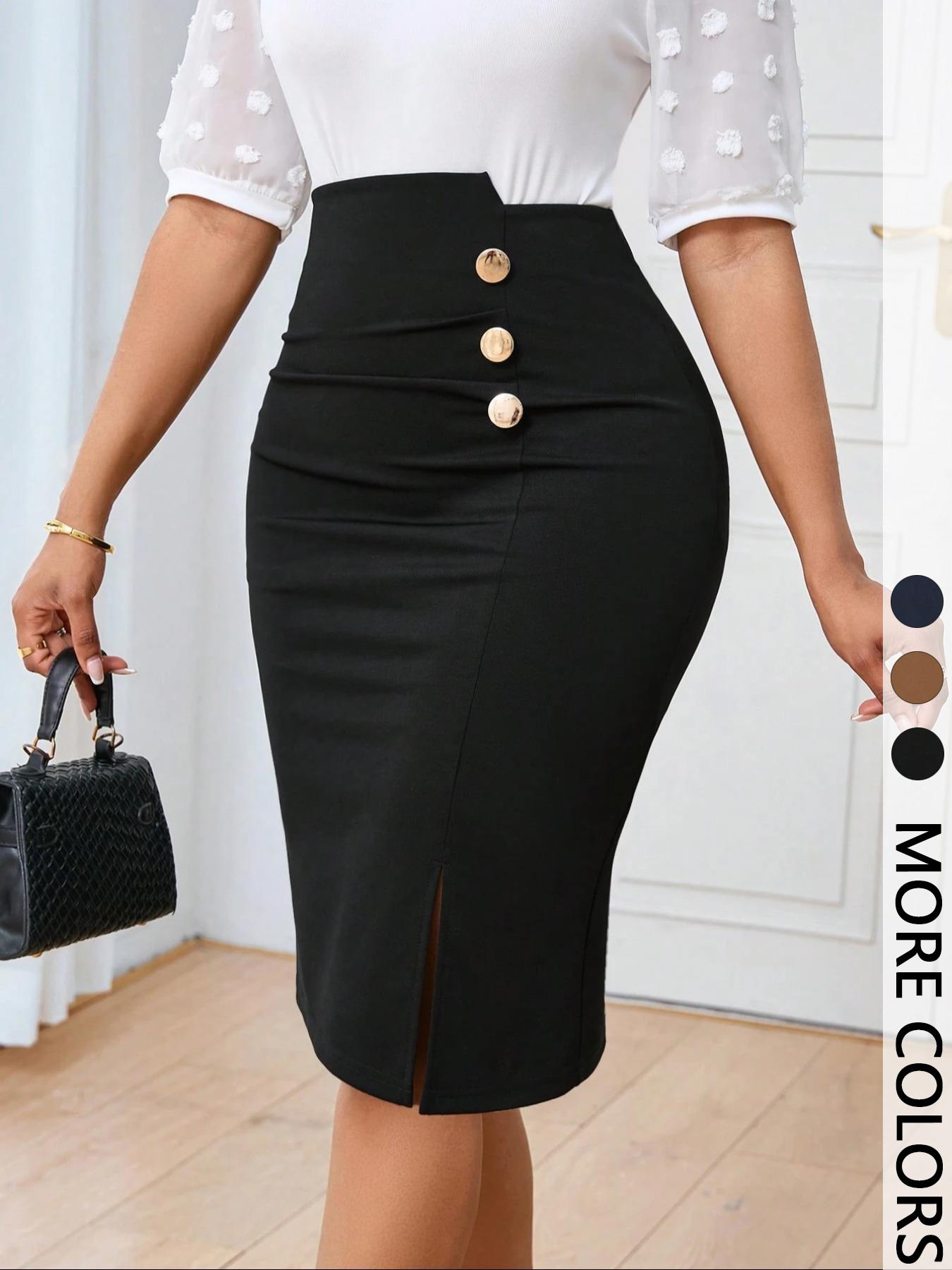 Women's Commuting Minimalist Solid Color A-line Skirt Button Front Pencil Skirt, Asymmetrical Button Suitable for All-season Fashion Skirt