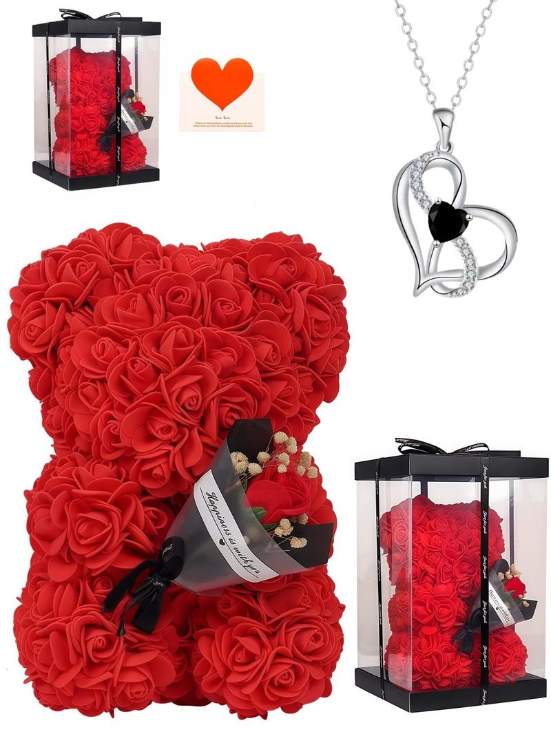 The "Double Heart Diamond Vow" new style high-end heart-shaped pendant gemstone necklace, paired with the eternal flower rose teddy bear gift box. It is an ideal Valentine's Day gift. Love Heart Necklace