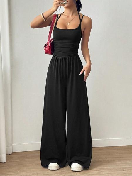Women's Casual Pleated Loose Straight Jumpsuit, Adjustable Strap, All Seasons Wear, Moderate Fabric Thickness, Comfortable Fit, Casual Comfy Jumpsuit