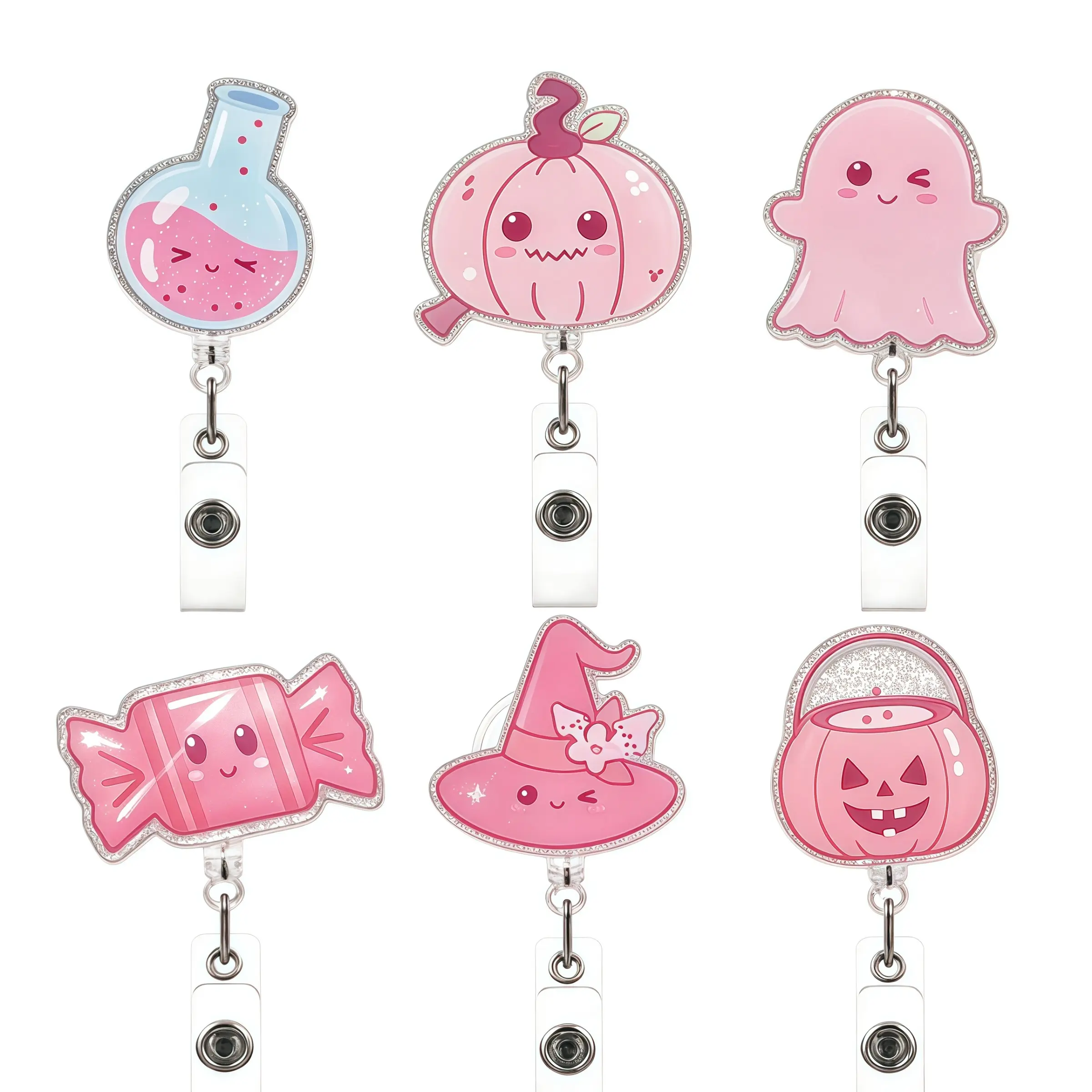 6-Piece Cute Halloween Stretchable Badge Roll Set, Kawaii Ghost Pumpkin Witch Hat Potion Candy Badges, Nurse Gift, Holiday Present