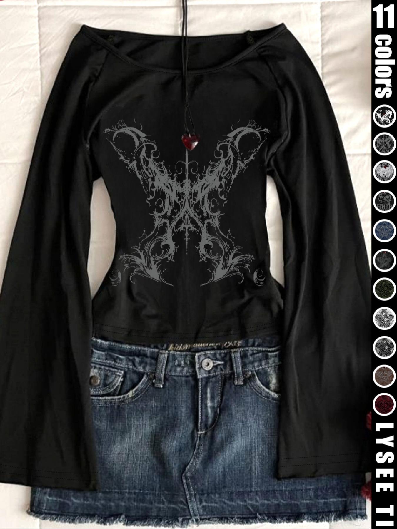 Fashion and casual Y2K women's Fitted five pointed star printed round neck flared sleeve top