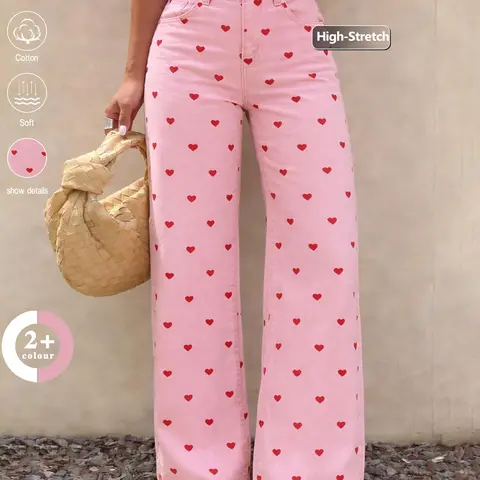 Spring/Summer Women's Elastic High-Waisted Wide Leg Baggy Jeans, Cute Pink Heart Print, Casual Loose Fit Denim Pants for Commute, Daily Wear & Vacation