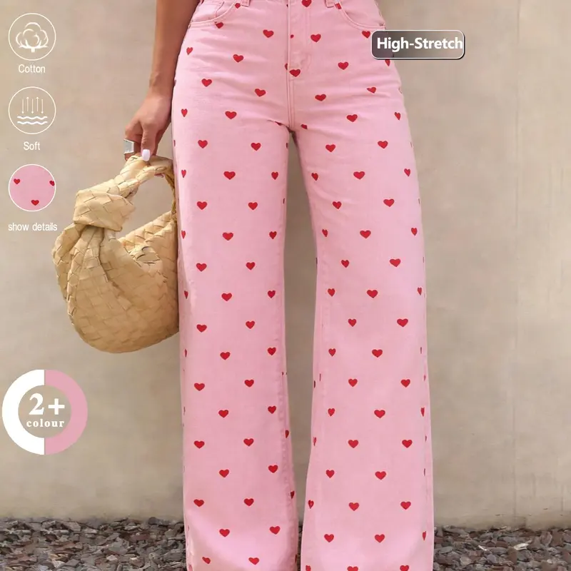 Spring/Summer Women's Elastic High-Waisted Wide Leg Baggy Jeans, Cute Pink Heart Print, Casual Loose Fit Denim Pants for Commute, Daily Wear & Vacation