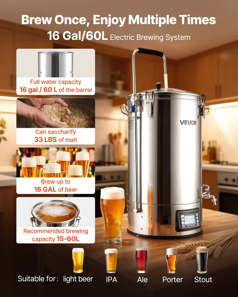 VEVOR Stainless Steel Beer Brewing Equipment for Beginners, 16 Gal/60L 31.75 Lbs / 14.4 Kg Dual Insulation All-in-1 Home Beer Maker, 3000W Digital Control, Anti-Burn Pump, Wort Chiller, Recipe Memory, Timer, Removable Mesh Strainer, 16 Gal / 60 L
