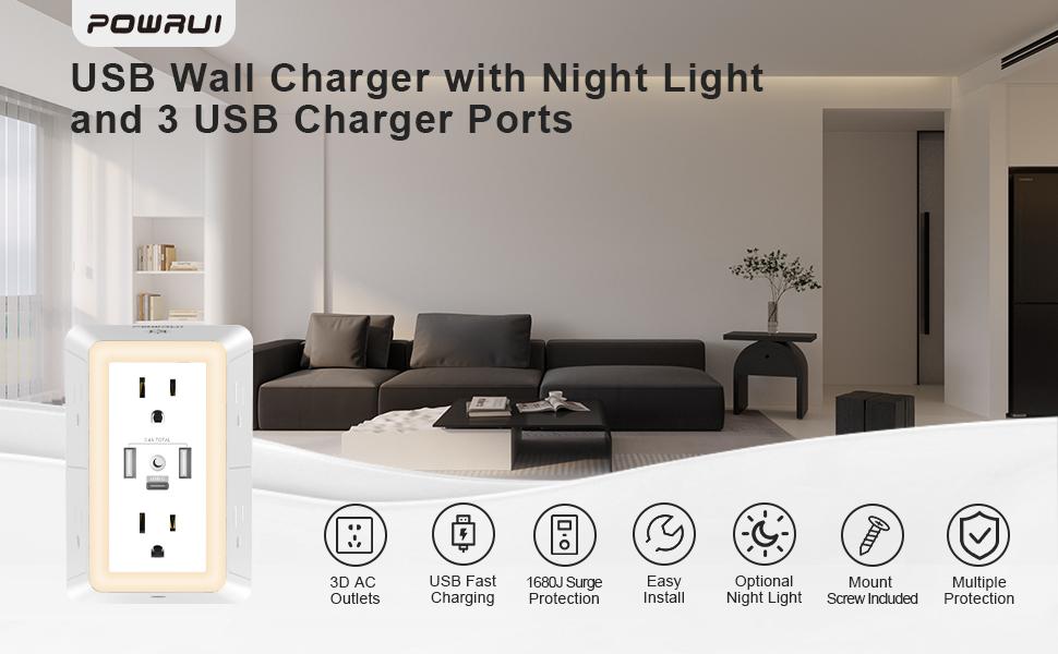 Multi Plug Outlet Surge Protector - POWRUI 6 Outlet Extender with 3 USB Ports (1 USB C) and Night Light, 3-Sided Power Strip with Adapter Spaced Outlets - White, ETL Listed