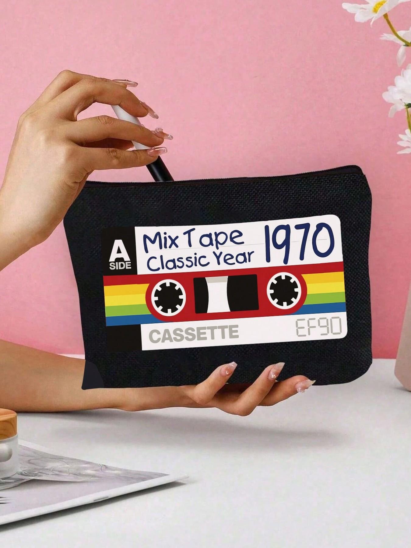 Vintage Tape Pattern Makeup Bag, Reusable Travel Organizer, Portable Vanity Case, Perfect Gift for Music Lovers, Multifunctional Storage