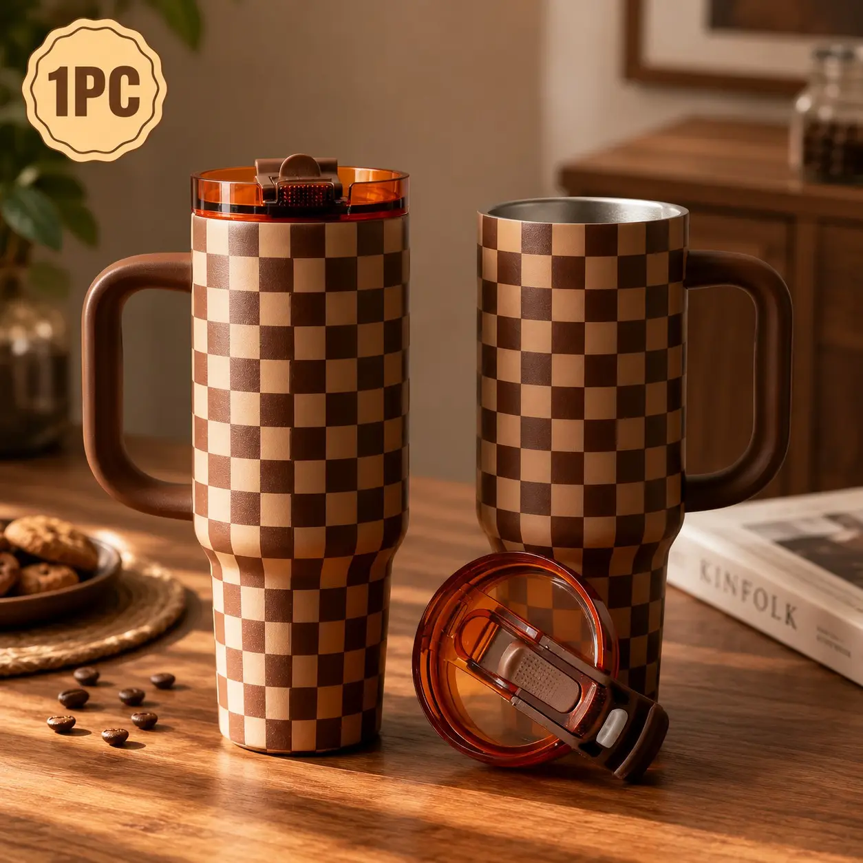 40oz Brown Checkered Pattern Insulated Mug with Handle and Straw, Vintage Checkered Pattern Stainless Steel Travel Mug, Double Vacuum Insulated, with Lid, Compatible with Car Cup Holder, Suitable for Women, Students, Office Workers, Halloween, Christmas