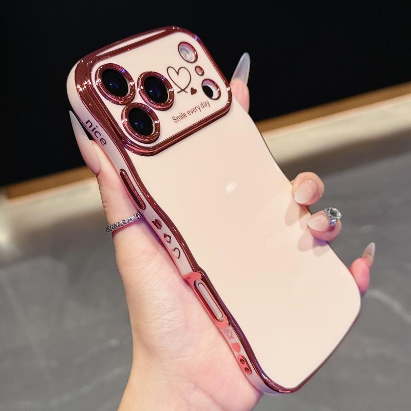 for iPhone 17 Pro Max 16 15 14 13 12 Case for Women Girls, Cute Wave Frame Curly Shape with Love Heart Pattern Raised Camera Protection Cover Luxury Plating Shockproof Phone Case