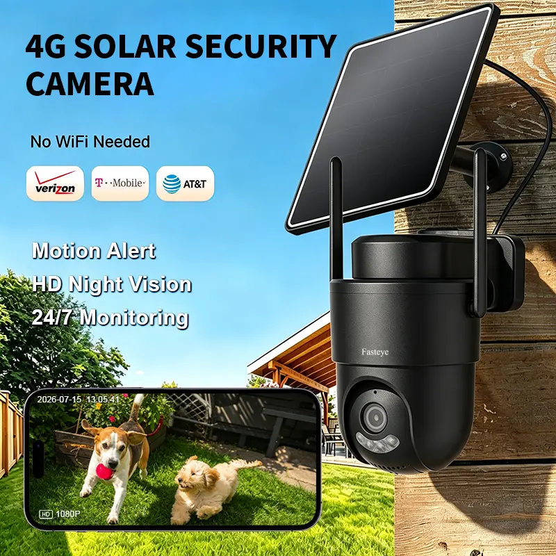 Fasteye 4G LTE Cellular Wireless Solar Powered Security Camera - 1920x1080 HD Live View, 360° Coverage, No WiFi, Remote APP Control, Waterproof, Motion Activated, Night Vision, 2-Way Audio, Outdoor Surveillance Monitor (Unlimited 4G Data Requires Refill),