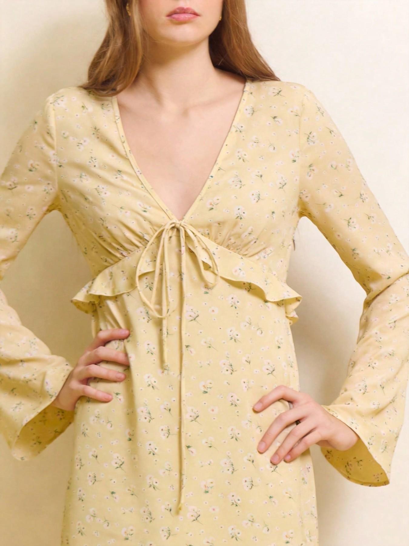 Women's Floral Print V-Neck Belted Midi Dress, Ruffle Details & Long Sleeves, Spring Vacation Dress, Ladies' Long Sleeve Dress