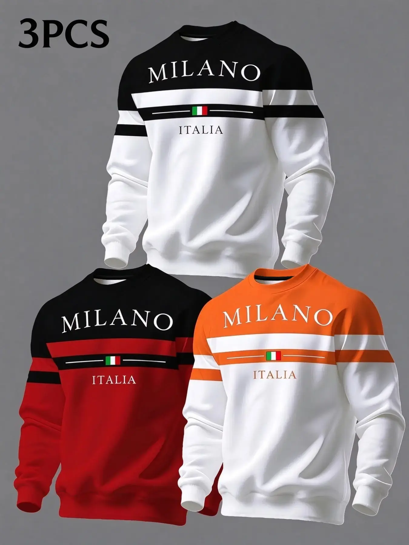 3-Pack Men's Milan Theme Sweatshirts, Classic Colorblock Stripes, Italian Style Letter Print, Soft Loose Fit, All Seasons Casual Wear