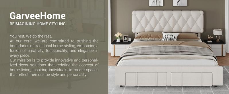 Full Size Bed Frame, Upholstered Platform Bed Frame with Storage Drawers, Mattress Foundation with Solid Wooden Slats Support, No Box Spring Needed, Beige