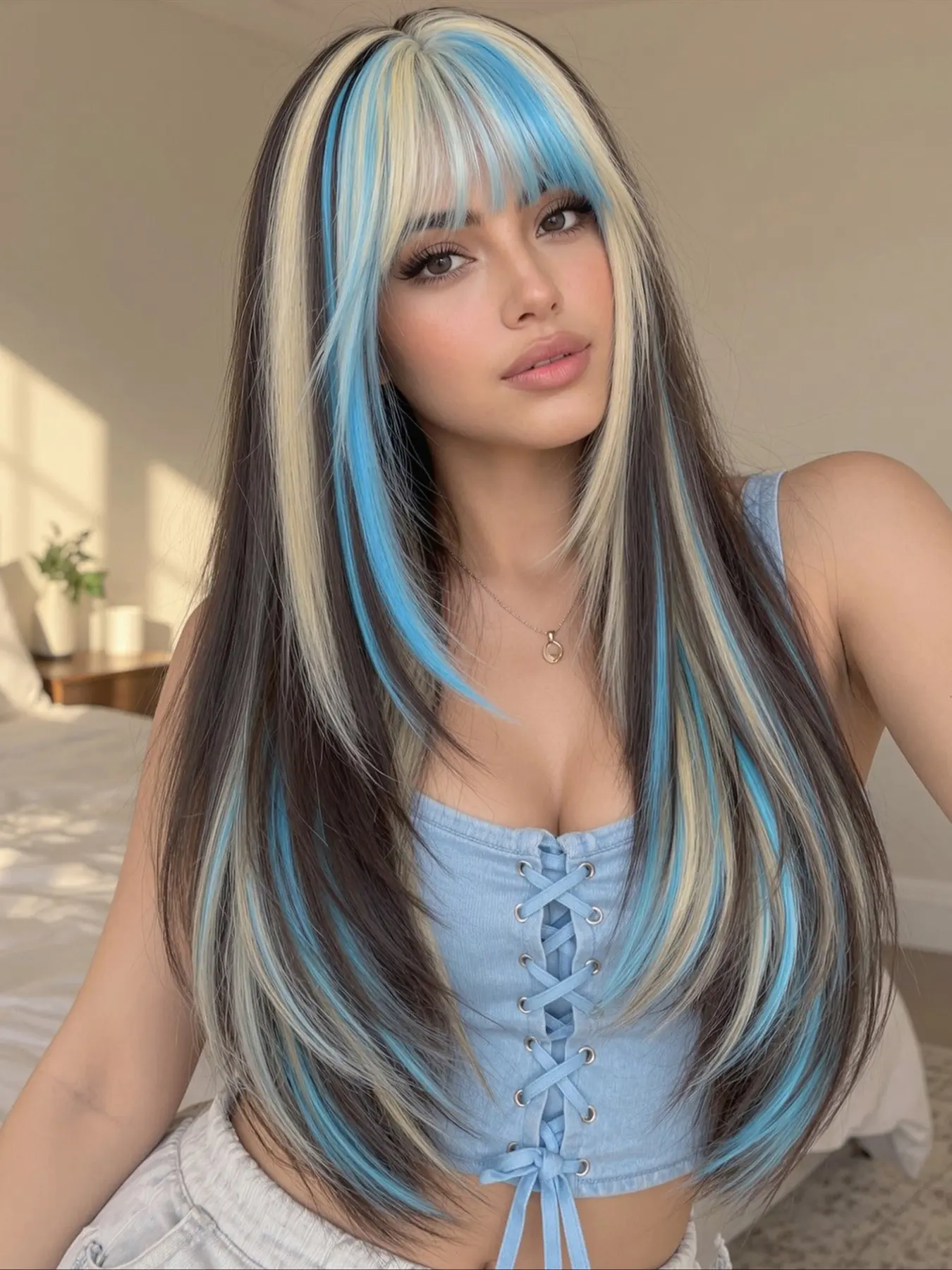 Y2K Blue Mix Color Layered Wig for Women, Heat Resistant Synthetic Hair, Long Wigs for Halloween Cosplay, All Seasons, Synthetic Layered Cut