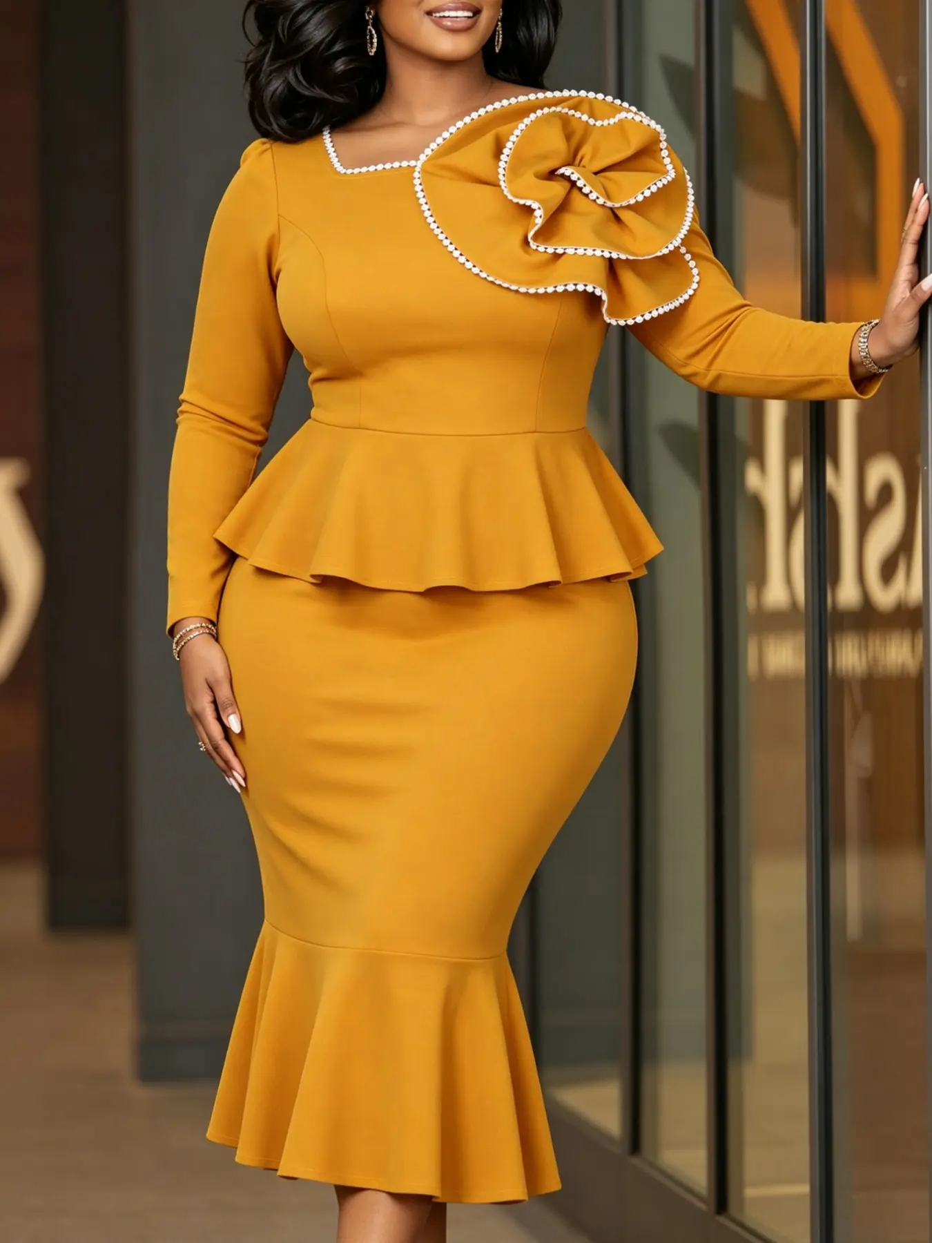 AOMEI Plus Size Women Elegant Formal Bodycon Midi Dress Square Neck Long Sleeve 3D Flower Decor Peplum Waist Mermaid Hem Work Party Cocktail Church Autumn Winter Outfits