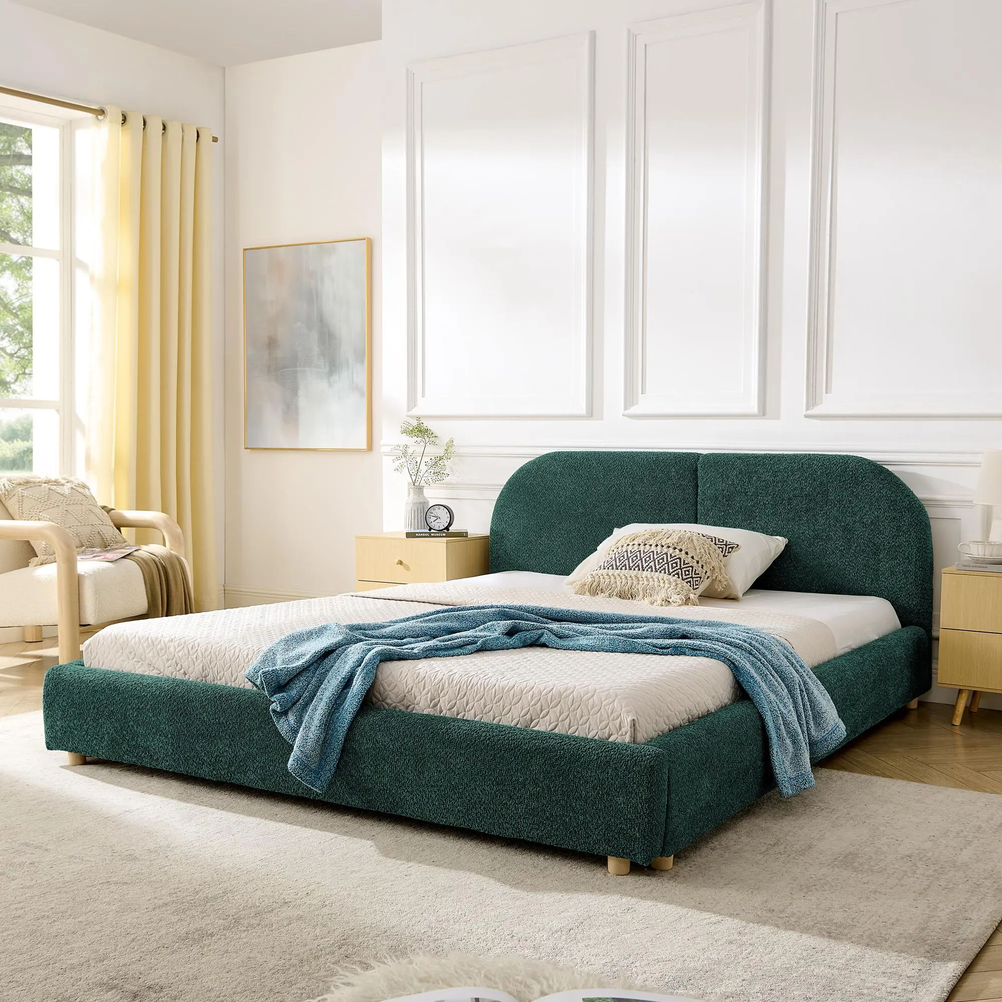 Queen Size Upholstered Bed Frame with Tall Curved Headboard, Modern Minimalist Circle Yarn Fabric, Green, Sturdy Leg Support, Indoor Bedroom Furniture