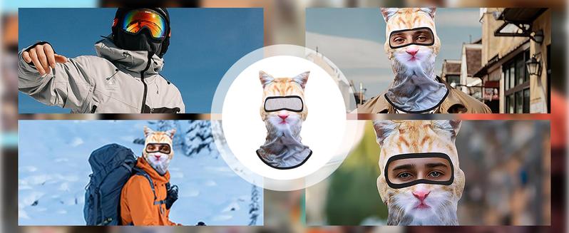 BIGWIG 3D Cat Ski Mask with Ears, All-Season Animal Head Outdoor Sports UV Protection Face Mask, Digitally Printed Mask, Cool Cat Face Cover, Suitable for Skiing, Music Festivals, Cycling, and Halloween