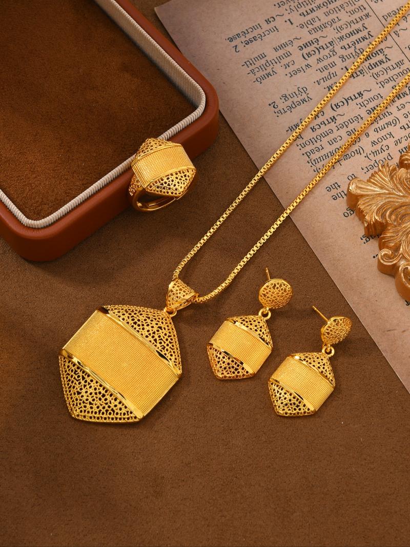 24k Gold Plated Jewelry Set, 4 Piece Gift Box House Shaped Copper Wedding Banquet Jewelry, Women's Necklace Earrings Ring Valentine's Day Gift, Matching Jewelry Set