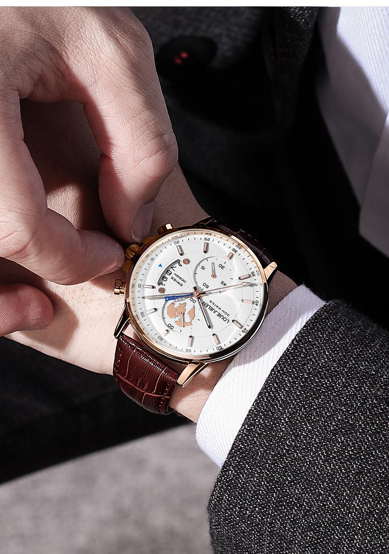 Elegant Men's Watch: Globe Design, 30m Water Resistance, Luminous Dial, Calendar & Chronograph | Stylish for Day & Business | Classic Timepiece