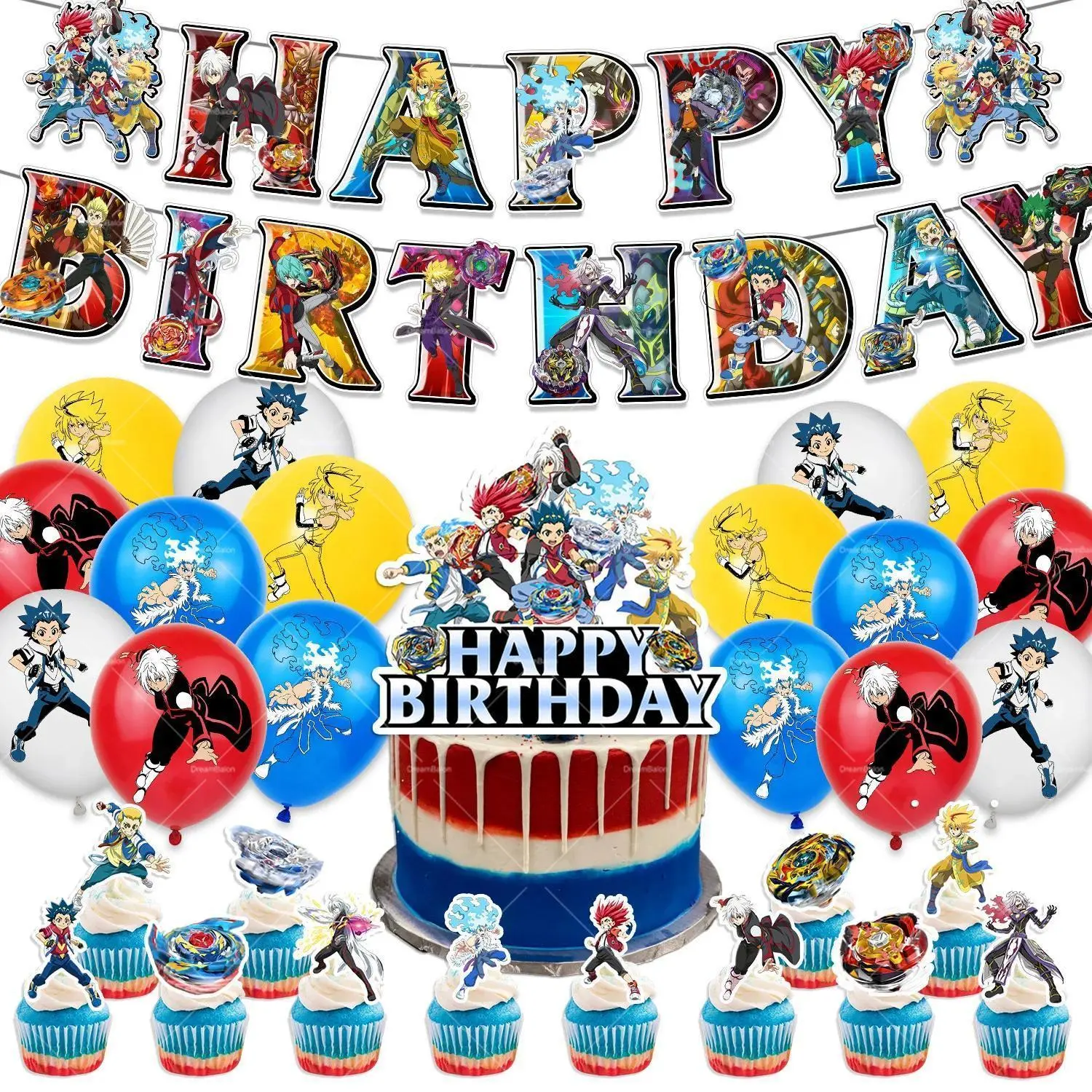 2026 New hot item Beyblade Balloons Cartoon Anime Theme Party Decoration Supplies Birthday Banner Background Cake Topper Kids Disposable Tableware
