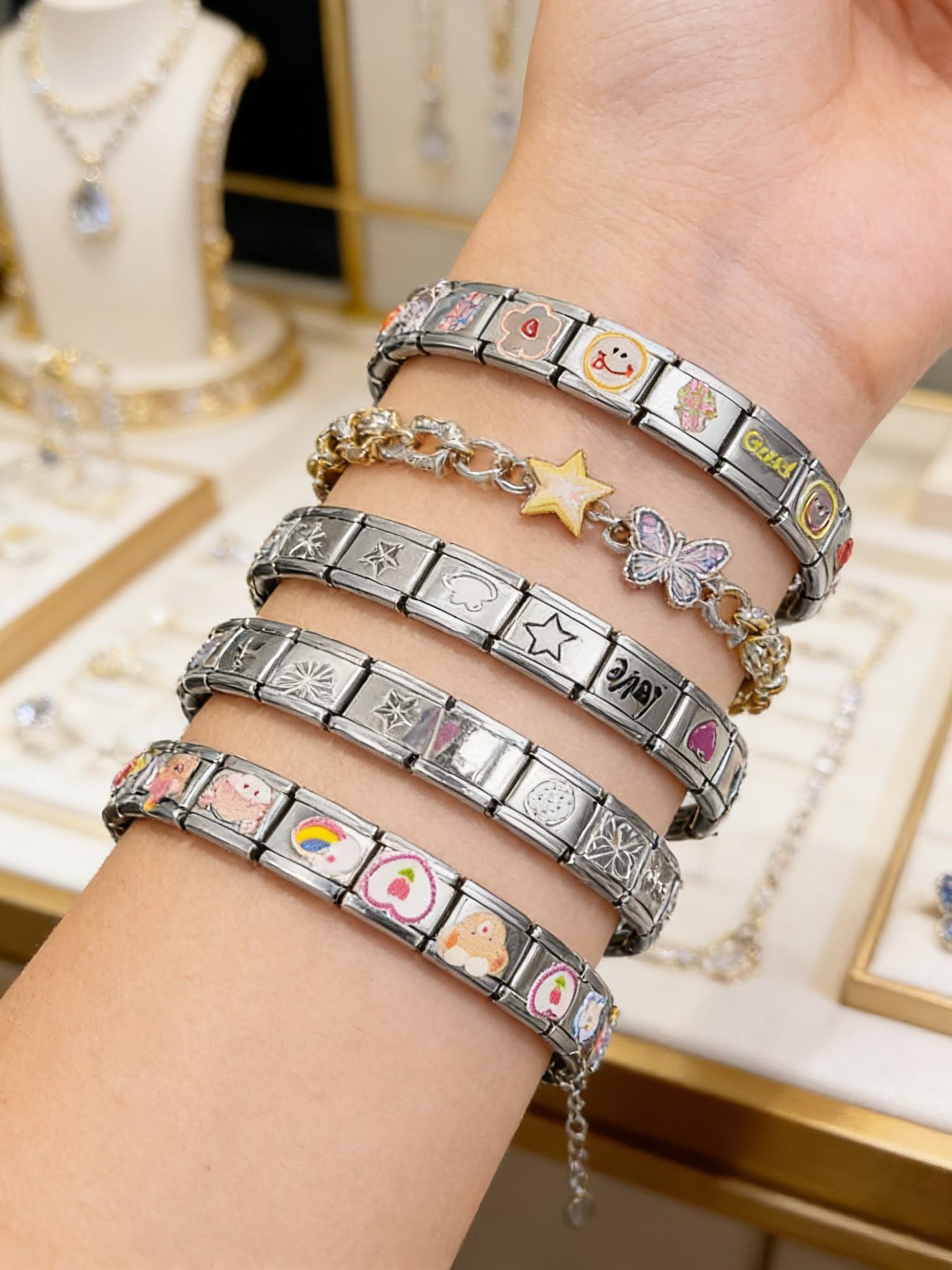 DIY 304 Stainless Steel Charm Bracelet, Modular Links with Cartoon/butterfly/heart Stickers, Customizable Women's Bracelet, Hypoallergenic & Fade-Resistant