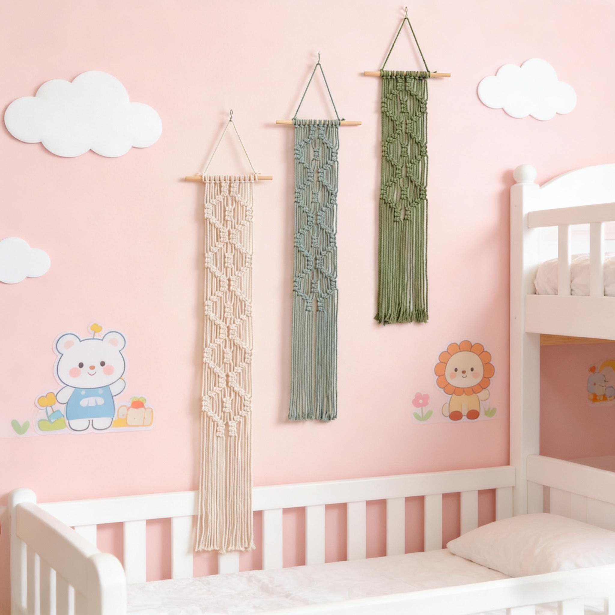 Macrame Wall Hanging Boho Style, Handmade Geometric Pattern, Tassel Background, Bed Headboard Decor, Combinable Strips, Wall Blanket