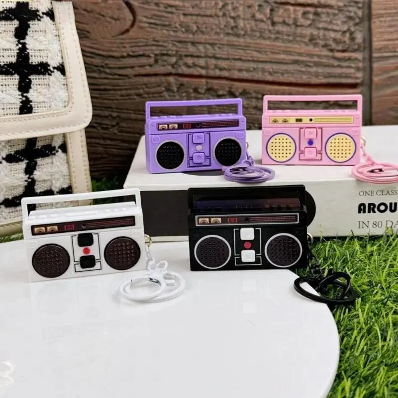 Women’s Casual Plastic Keychain Recorder Set, 2‑Pcs Nostalgic Mini Radio Recorder Bag Charms With Retractable Clip, Stretchy Scrunchie Lanyard, Lightweight Daily Carry Ornaments, White & Black Color‑Scheme