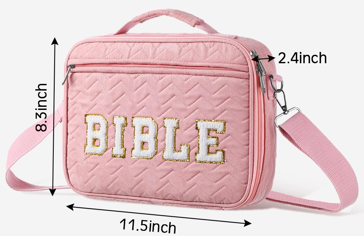 Easter Pink Bible Bag for Women Christian Gifts Church Bag with Chenille Letter and Shoulder Strap Soft Fabrics Bible Case Bible Book Cover with Highlighters Gel Pen Bible Journaling Kit for Christans Girls, Sunday Prayer Supplies