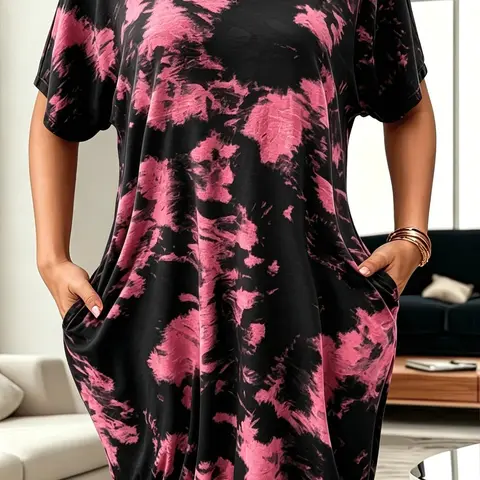 Plus Size Tie-Dye Print V-Neck Short-Sleeve Pockets Dress, Bohemian Summer Dresses, Y2K Clothes, Casual Summer Wear, Stylish Womenswear, Comfortable Relaxed Fit Dress, Boho Summer Dresses