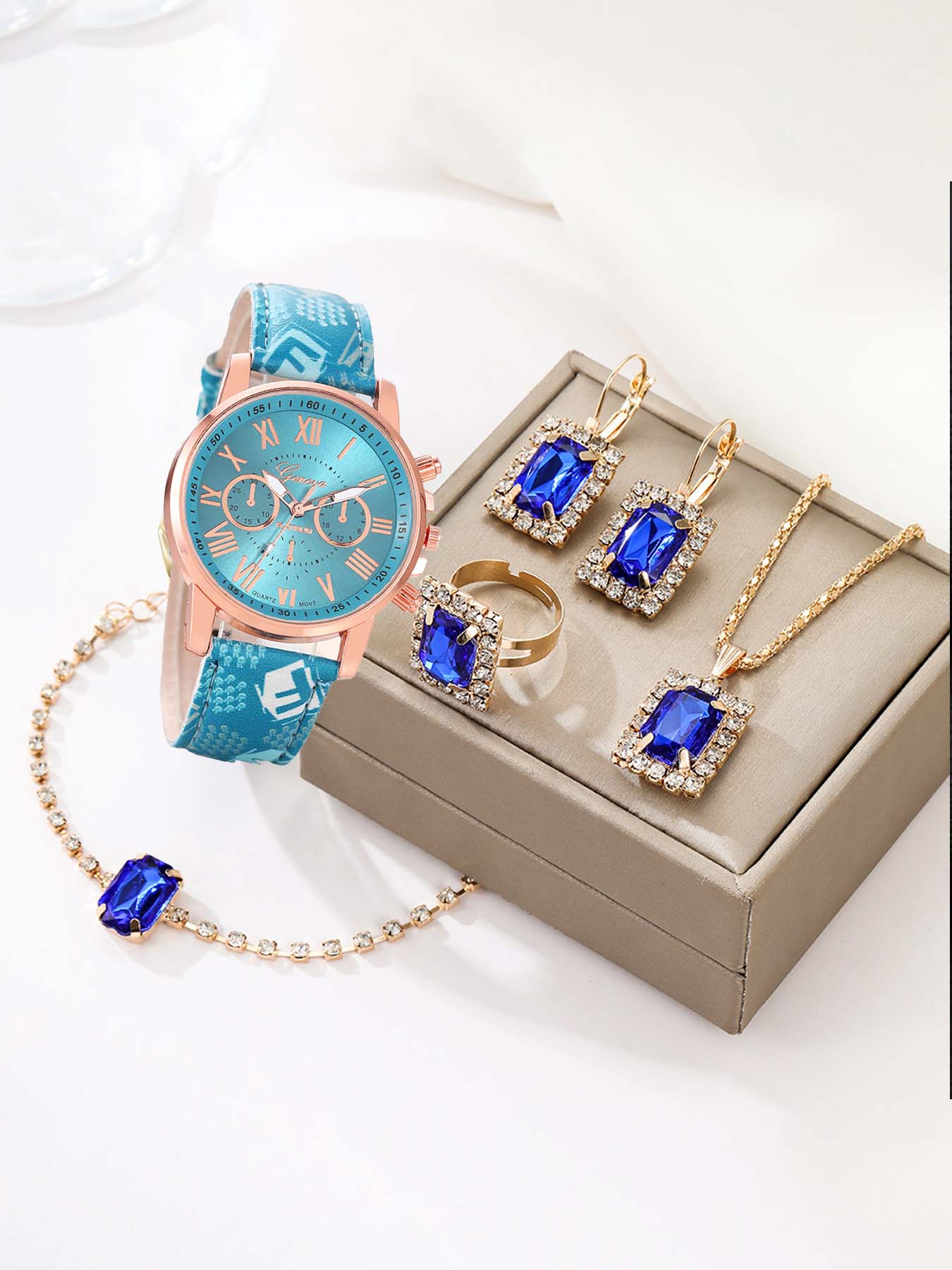 6-piece set of ladies' wristwatch leather straps, Geneva quartz watches with faux three-eye Roman numerals, fashionable ladies' watch set