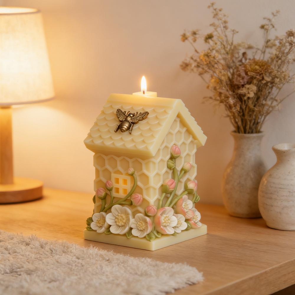 Honeycomb Small House Embossed Flower Candle Mold DIY Honeycomb Hut Shape Multifunctional Aromatherapy Plaster Epoxy Soap Mold Easy To Release Creative Handmade Ornaments
